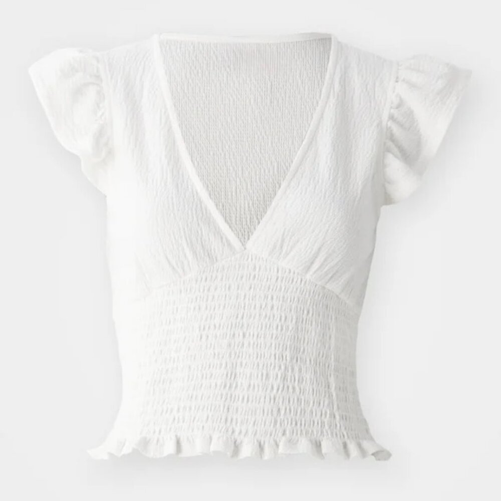 NWOT Altar’d State - White Ruffled V-Neck Smocked Crop Top